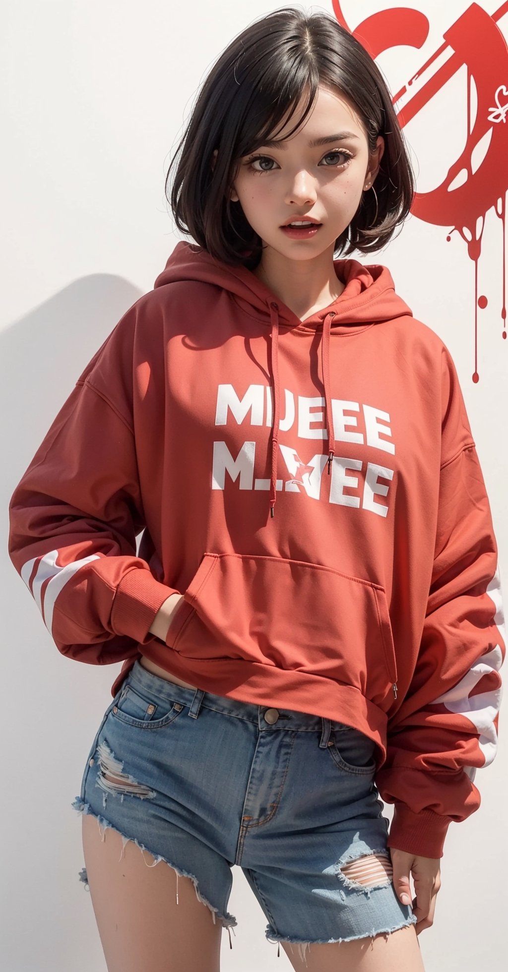 technicolor paint splash background, a picture of a teenage girl wearing red and white cropped hoodie, (((a text is written on the fron of the hoodie that says (("fuck me")) )))