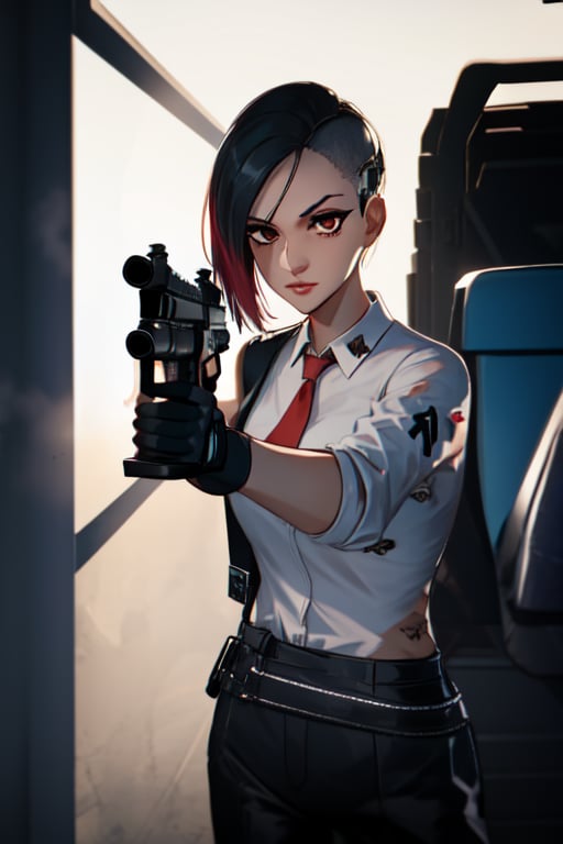 1 girl, black suit, red tie, white shirt, black driving gloves, black pants, future style, pistol surpressor, pistol pose, aiming gun, weapon ready