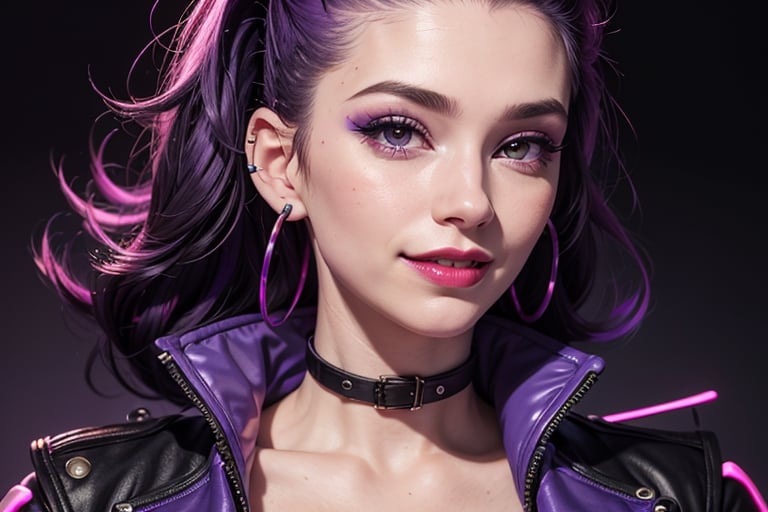 close up, face shot, smile, purple and black jacket, neon light metal collar, 1 girl, , red lips, half shaved head, ear piercings, heavy make-up with  naked, breasts