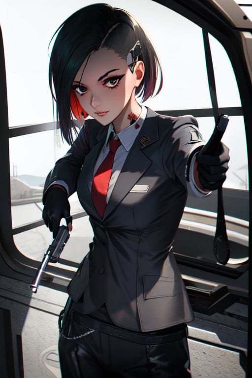 1 girl, black suit, red tie, white shirt, black driving gloves, black pants, future style, pistol surpressor, pistol pose, aiming