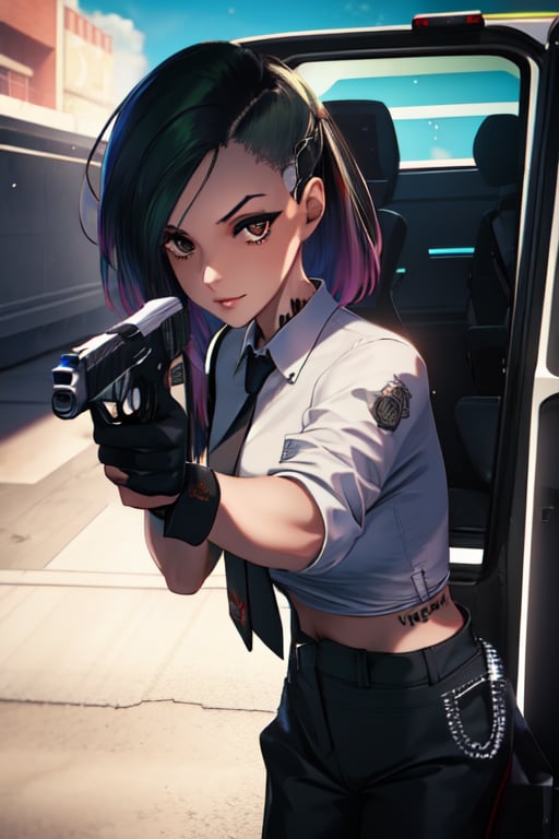 1 girl, black suit, red tie, white shirt, black driving gloves, black pants, future style, pistol surpressor, pistol pose, aiming