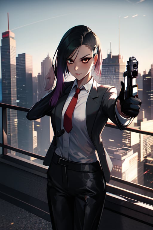 1 girl, black suit, red tie, white shirt, black driving gloves, black pants, future style, aiming pistol surpressor, pistol pose, 