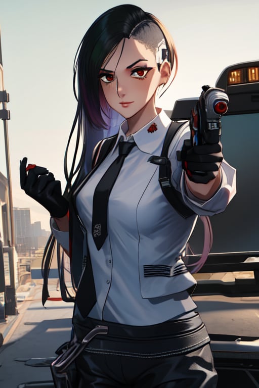 1 girl, black suit, red tie, white shirt, black driving gloves, black pants, future style, aiming pistol surpressor, pistol pose, 