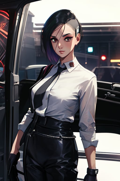 1 girl, black suit, red tie, white shirt, black driving gloves, black pants, future style, pistol surpressor 