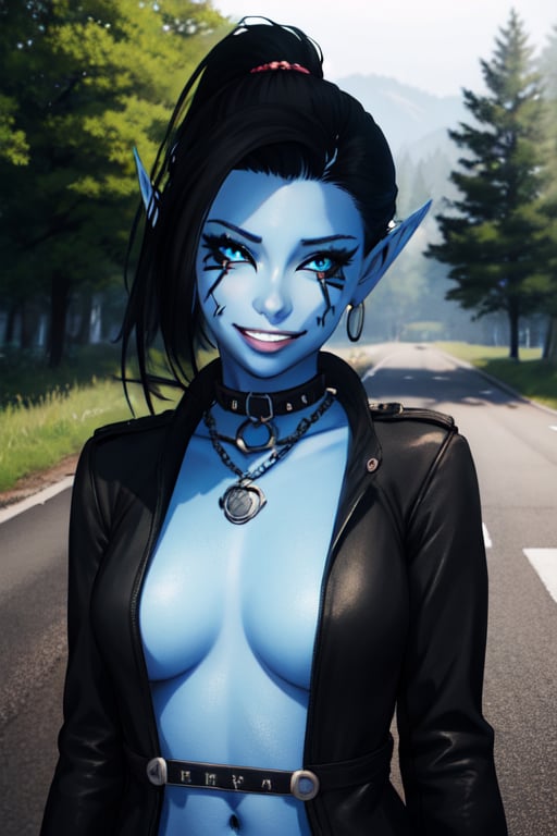 4 girl, blue skin, elf ear, eye tattoos, smile, collar, r, ponytail, side_ponytail, facial piercings,  nose piercings, selife, wave, hot, sexy, small boobs, chain collar, neckless, jewlery, piercings, rings, forest, trees, road, grass, rocks, road sign, path