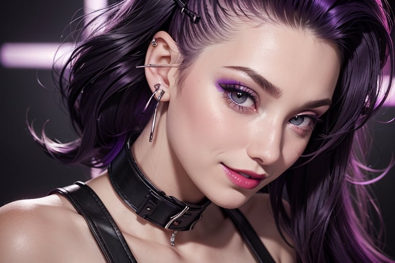 close up, face shot, smile, purple and black jacket, neon light metal collar, 1 girl, , red lips, half shaved head, ear piercings, heavy make-up with  naked, breasts