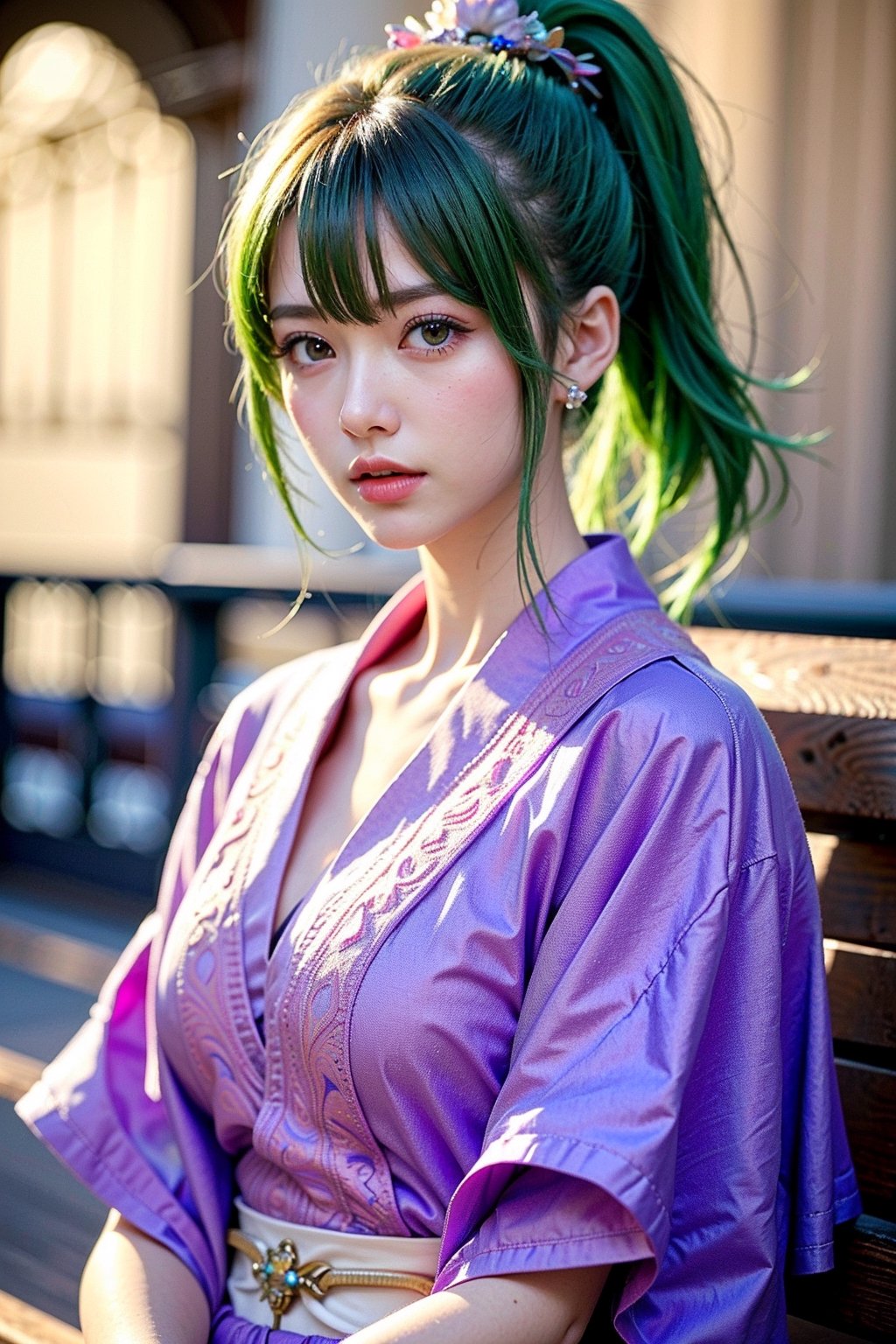 masterpiece, ultra detailed, high quality, 1girl, (beautiful face, parted lips), detailed lips, sitting in bench, (solo), wide shot, scenery, full body, green hair, hair between eyes, ponytail, short hair, (purple eyes:1.1), hair ornament, ,Samurai girl