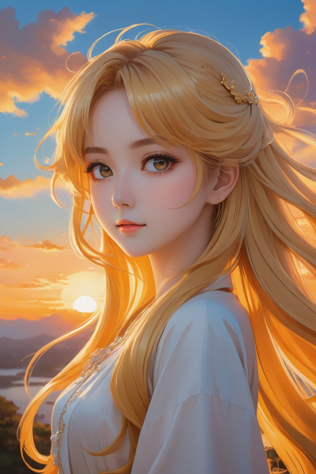 an anime-inspired artwork portraying an elegant lady with cascading golden hair, framed by the romantic glow of a sunset, capturing the essence of anime aesthetics with expressive eyes and stylized features. Keywords: anime, manga, kawaii, sunset scene, expressive, more detail XL