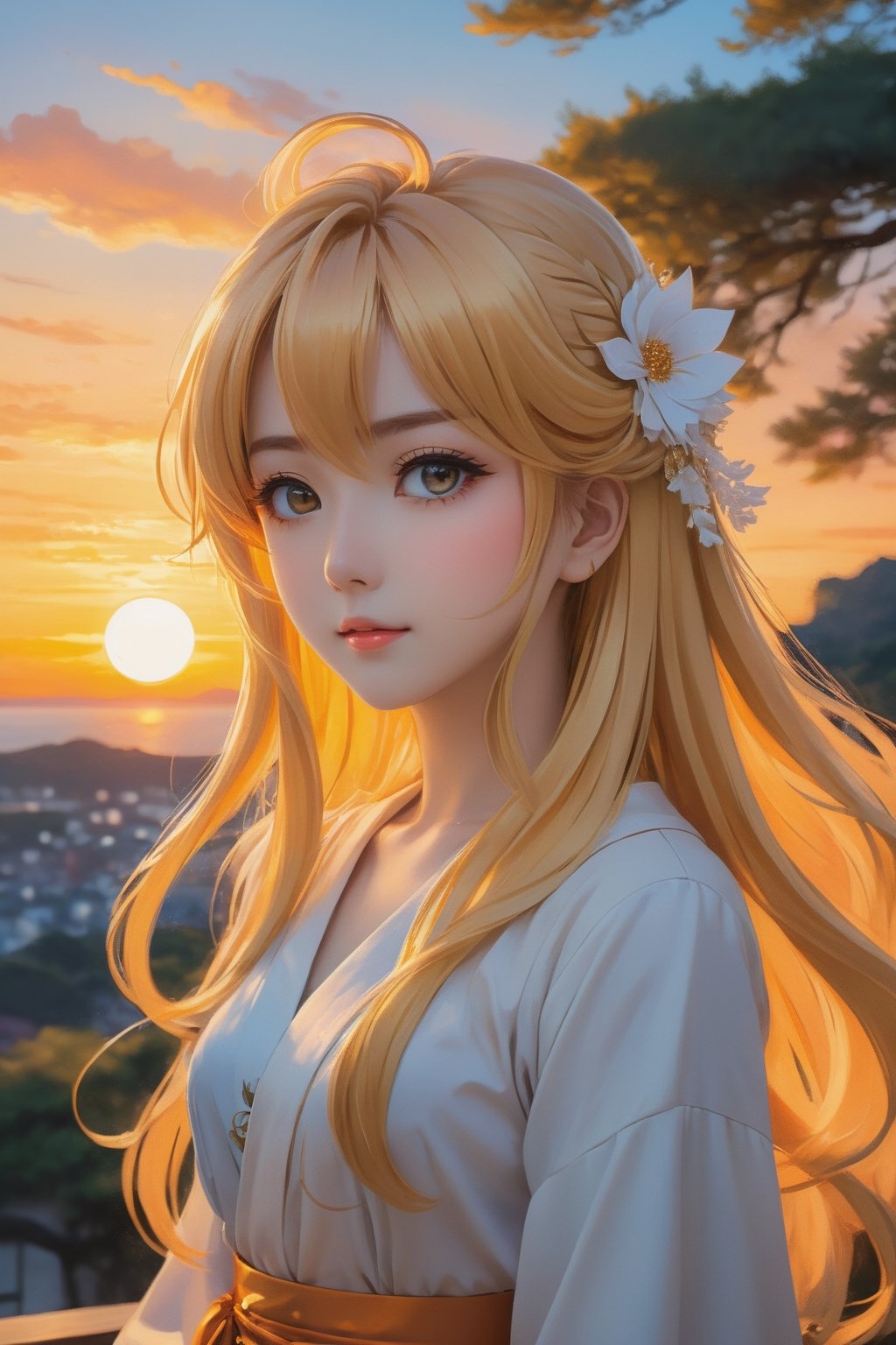 an anime-inspired artwork portraying an elegant lady with cascading golden hair, framed by the romantic glow of a sunset, capturing the essence of anime aesthetics with expressive eyes and stylized features. Keywords: anime, manga, kawaii, sunset scene, expressive, more detail XL