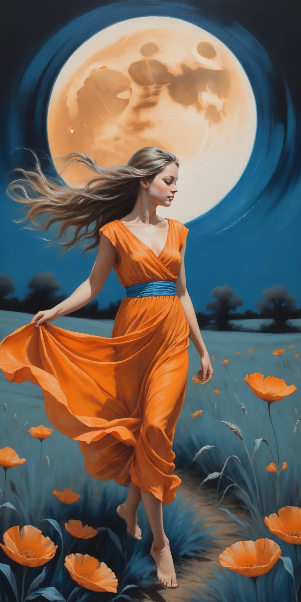 a painting of a girl walking in a field under a full moon, in the style of graceful movement, orange and azure, phoenician art, flower power, realistic yet romantic, pictorial fabrics, dance