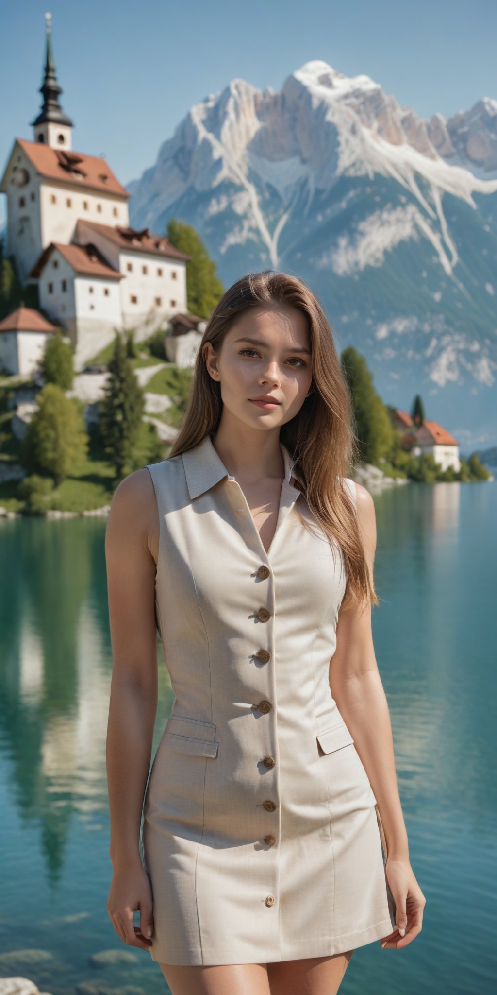 A radiant masterpiece of photography captures the essence of elegance as one stunning girl with long hair poses with poise, donning a ASOS DESIGN collared mini waistcoat dress with button front in beige . Drenched in warm sunlight, showcasing every detail from the cloth's texture to the delicate curve of her beauty. her figure is accentuated against a backdrop of the stunning Lake Bled, Slovenia , its iconic   its charming island church and medieval castle set against the backdrop of the Julian Alps, creating a stunning and serene backdrop, perfect for nature-themed photo-shoots, The best quality lens and expert composition come together to create an award-winning image that exudes sophistication.,more detail XL,Extremely Realistic