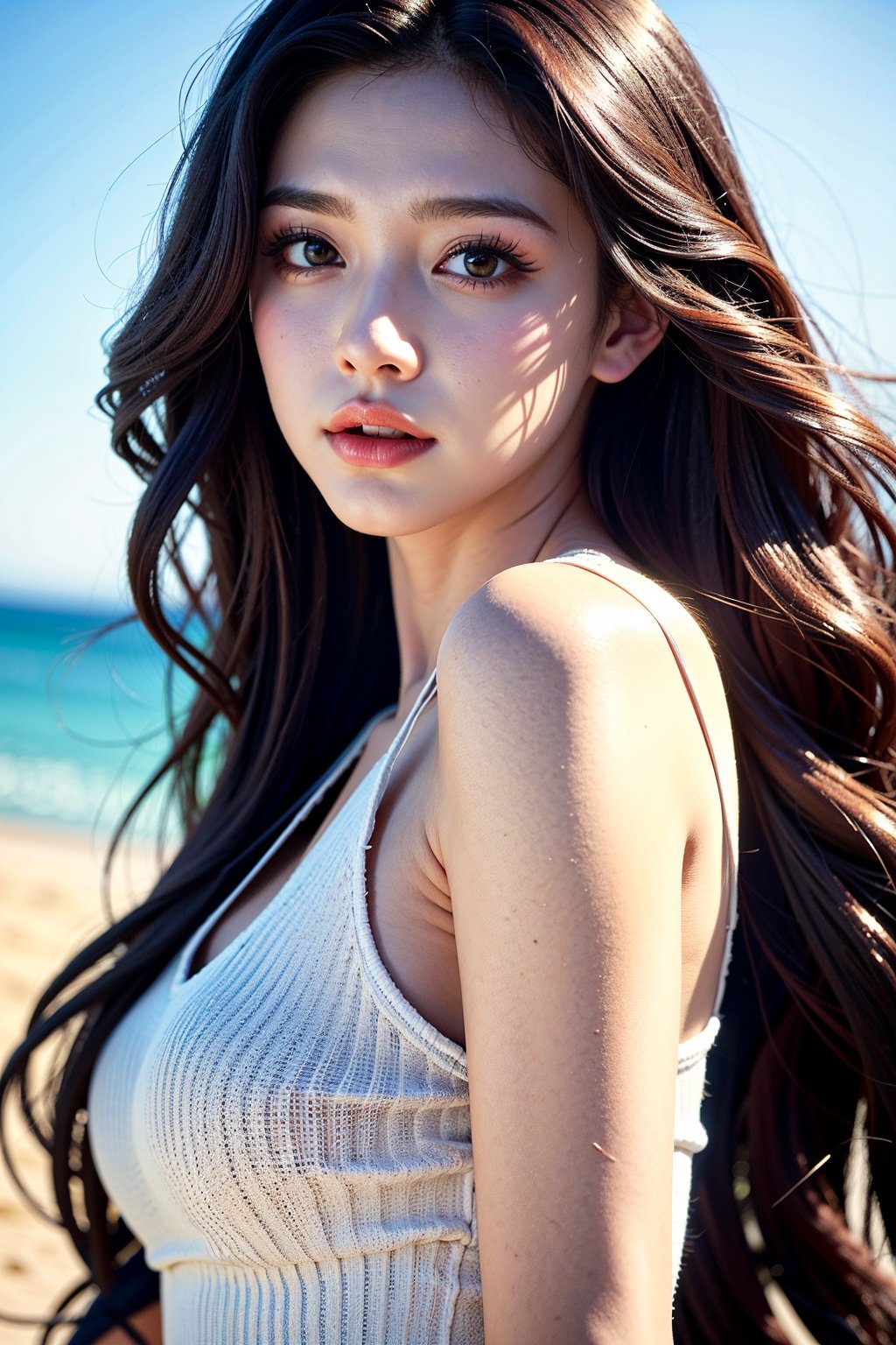 Best Quality, photorealistic, ultra-detailed, finely detailed, high resolution, perfect dynamic composition, sharp-focus, 1 girl, long black hair, wavy hair, sexy lips, shinny skin, white shirt, sleeveless, upper body, scenery, 