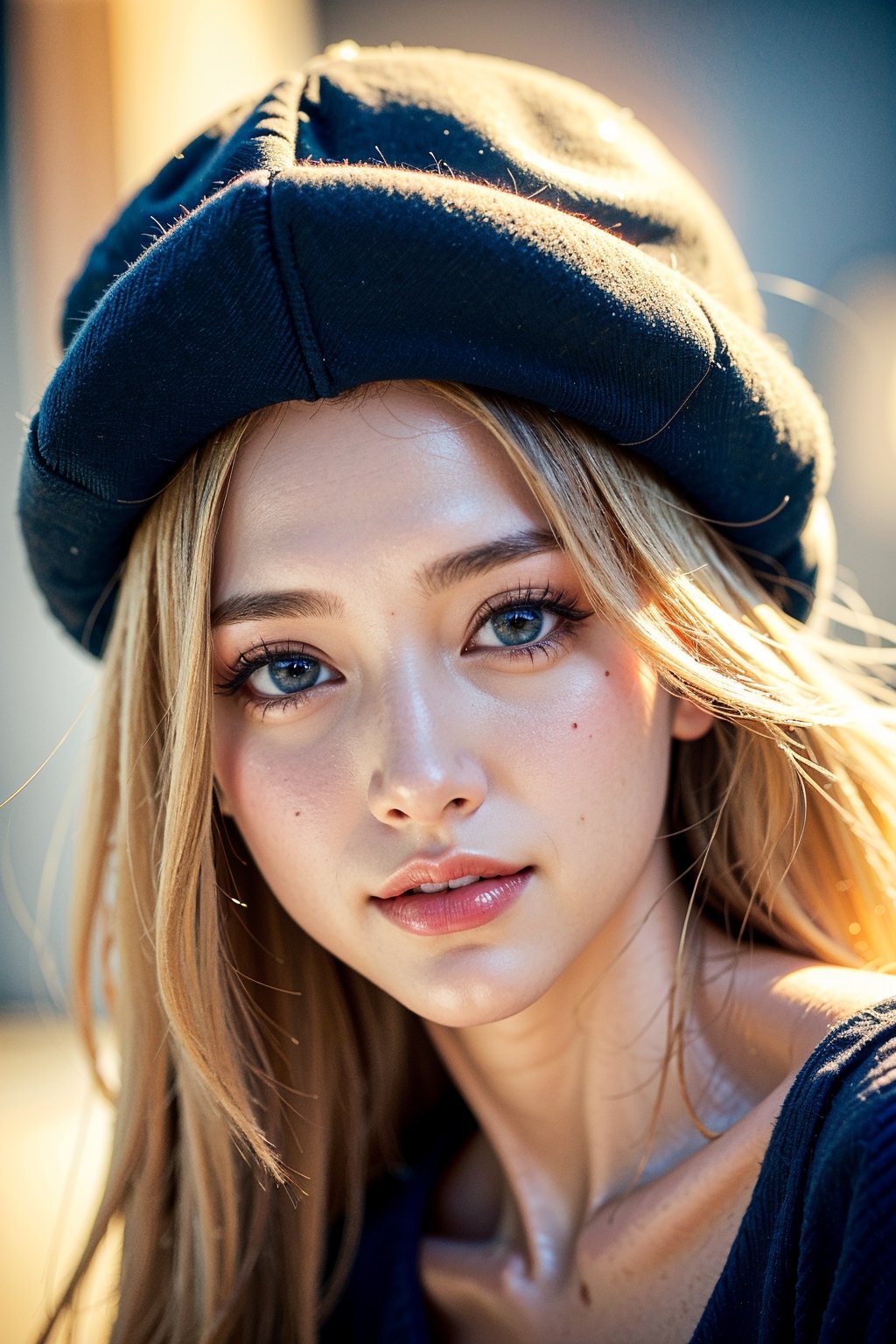 (best quality,4k,8k,highres,masterpiece:1.2),ultra-detailed,(realistic,photorealistic,photo-realistic:1.37),portraits,beautiful detailed eyes,beautiful detailed lips,extremely detailed eyes and face,longeyelashes,1girl,blonde hair,blue cap,blue shirt,smiling expression,natural light,soft shadows,fine texture,subtle colors,gentle background,subtle highlights and shadows,vibrant colors,feminine features,lively pose,serene atmosphere