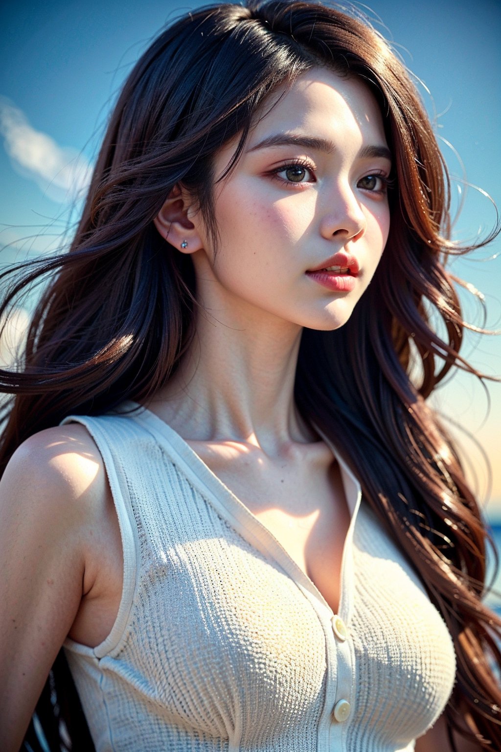 Best Quality, photorealistic, ultra-detailed, finely detailed, high resolution, perfect dynamic composition, sharp-focus, 1 girl, long black hair, wavy hair, sexy lips, shinny skin, white shirt, sleeveless, upper body, scenery, 