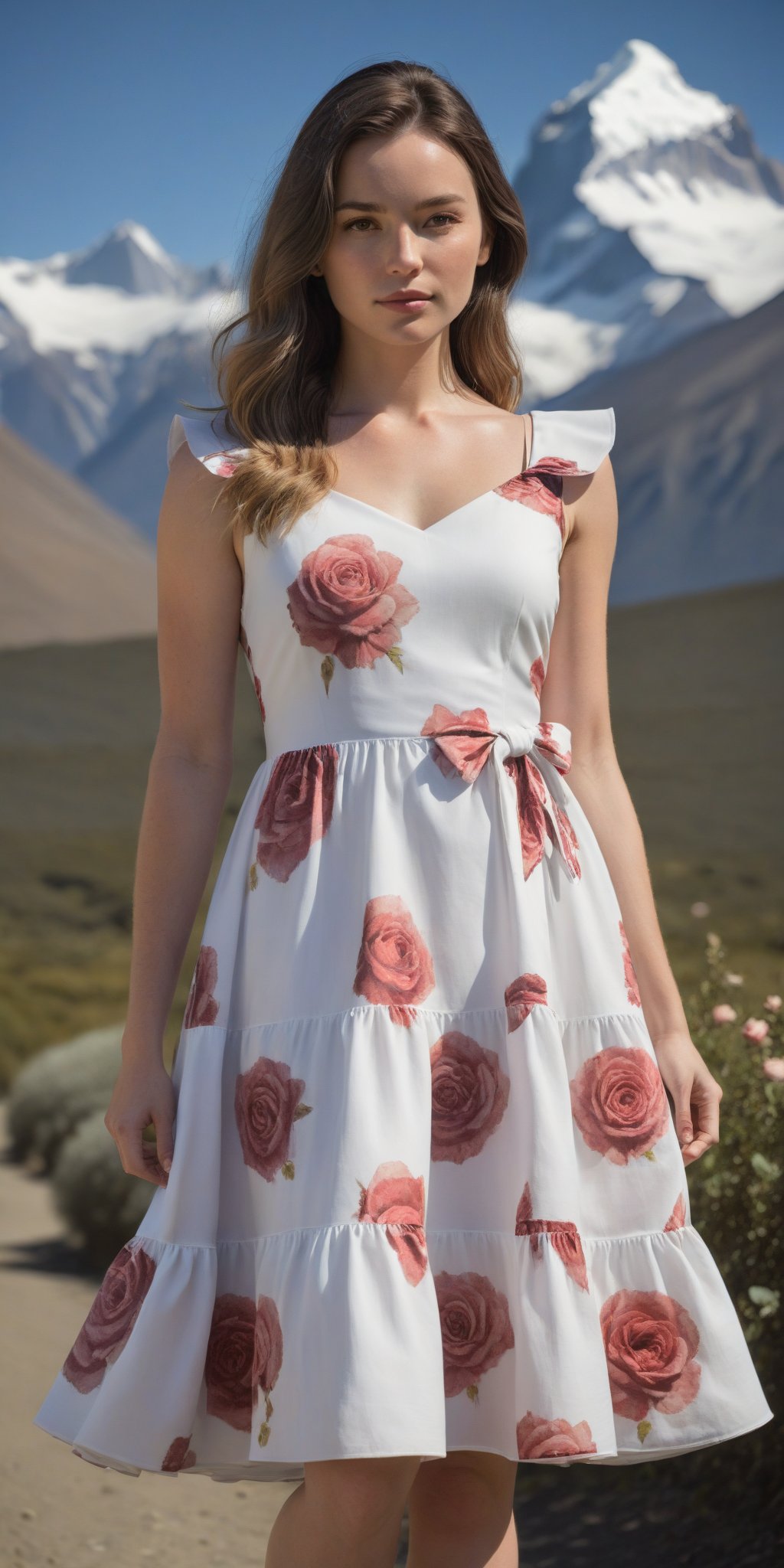 A radiant masterpiece of photography captures the essence of elegance as one stunning girl named Kathy with long hair poses with poise, donning a Wednesday's Girl rose print tie shoulder tiered swing dress in white . Drenched in warm sunlight, showcasing every detail from the cloth's texture to the delicate curve of her beauty. her figure is accentuated against a backdrop of the stunning Torres del Paine National Park, Chile, creating a stunning and serene backdrop, perfect for nature-themed photo-shoots, The best quality lens and expert composition come together to create an award-winning image that exudes sophistication.,more detail XL,Extremely Realistic