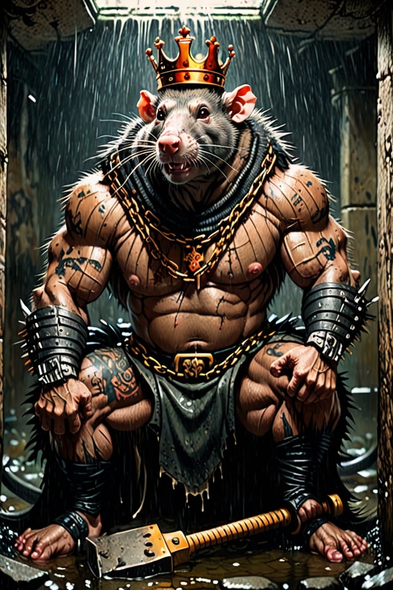 digital art 8k,  a ripped,  muscluar,  humanoid rat sitting on a toilet in a dark damp sewer,  wearing a crown, the rat king is weilding a large sledge hammer over its shoulder. The rat king should have scars, wounds from battle, war tattoos, gold chains around his neck. The rat king should have TEXT "kingrat_" text logo tattooed on his arm; as well as, TEXT "2024" text logo should be tattooed on his other arm. The rat king should have hairy rat feet.  

The rat king should look aggressive and defiant.,band_bodysuit,Movie Still,Text