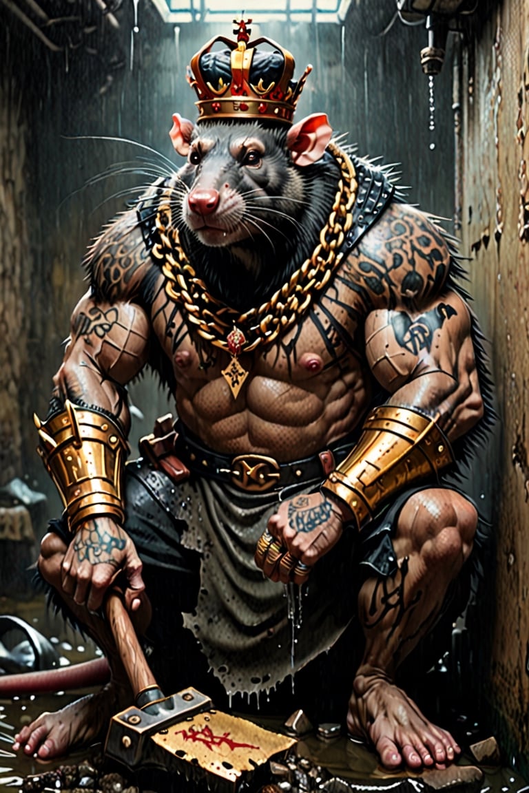 digital art 8k,  a ripped,  muscluar,  humanoid rat sitting on a toilet in a dark damp sewer,  wearing a crown, the rat king is weilding a large sledge hammer over its shoulder. The rat king should have scars, wounds from battle, war tattoos, gold chains around his neck. The rat king should have "kingrat_" text logo tattooed on his arm. "2024" text logo should be tattooed on his other arm.

The rat king should look aggressive and defiant.,band_bodysuit,Movie Still,Text