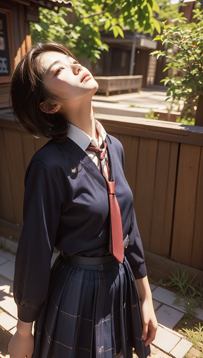 masterpiece, best quality, high resolution face, detailed eyes, 1 chinese girl,, school uniform, necktie, black hair, realistic, skirt, short hair, medium breasted, outside cafe shop, outdoors, looking up, right hand aside her head, brown hair, overgrown, bag, plaid, striped necktie, shirt
