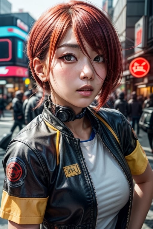 photo portrait of a red haired japanese female cyberpunk in wearing yellow+maroon+blue+orange cyberpunk leather outfit ,in sunny washed out bright cyberpunk city, billboards,shops,crowds. realistic meticulously detailed lighting,textures,reflections, lens flares