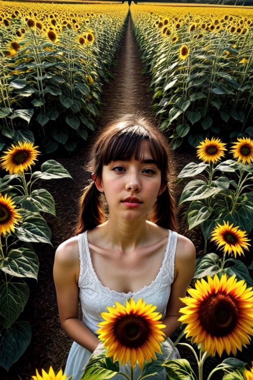 1girl,25yo,twintails, blue eyes, pale skin, lies on the sunflower garden, looking towards wide blue sky and clouds, perspective from a high vantage point, hi contrast, highlight shadow, photorealistic. masterpiece,flower