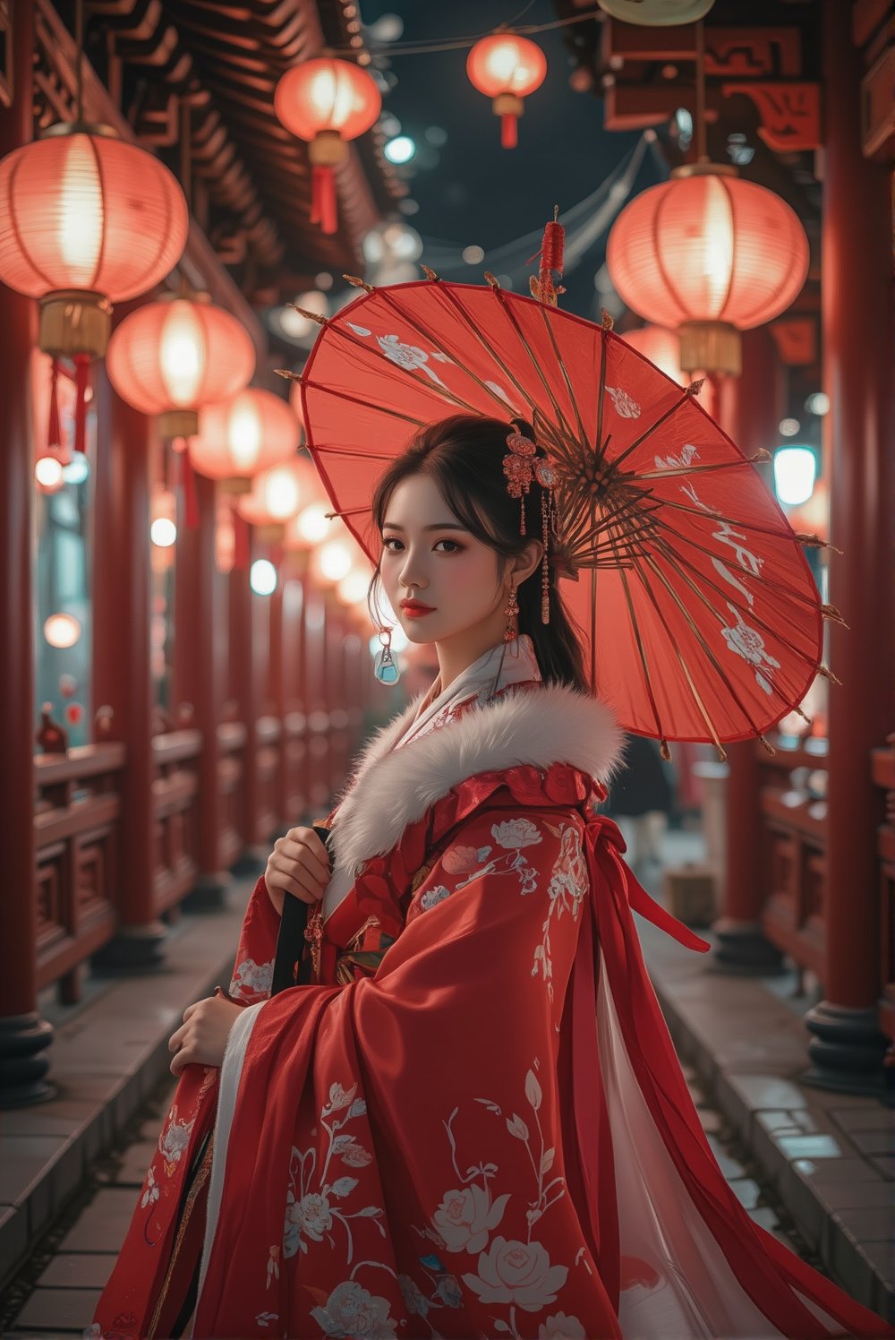 photorealism, (upper body), (portrait:1.2), KOLNB,Hanfu,Eroflo, a woman, beautiful face, red dress, japanese umbrella, bokeh, Chinese festival street, (nigh street:1.2), depth of field, columns, temple, lanterns.
Best quality, uhd, 8k, hyper detailed,Ahri