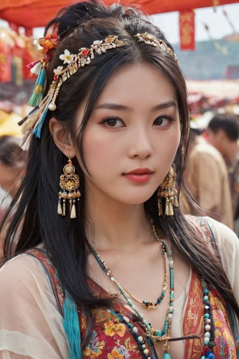 Generate hyper realistic image of a black-haired chinese with half-up, half-down hair adorned with chinese accessories, captivating boho-chic attire, and layered jewelry, playfully exploring a bustling and colorful chinese market.up close