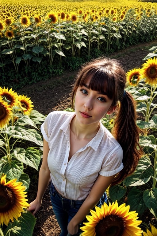 1girl,25yo,twintails, blue eyes, pale skin, lies on the sunflower garden, looking towards wide blue sky and clouds, perspective from a high vantage point, hi contrast, highlight shadow, photorealistic. masterpiece,flower