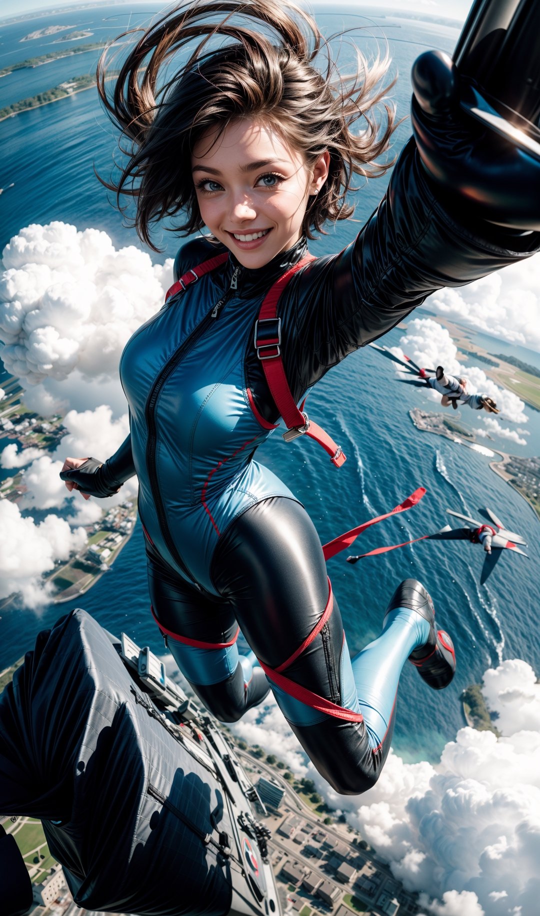 A perspective from a high vantage point, waman, flying sky, flying suit, smile face, short hair, full body, Parachute, dynamic pose, long hair