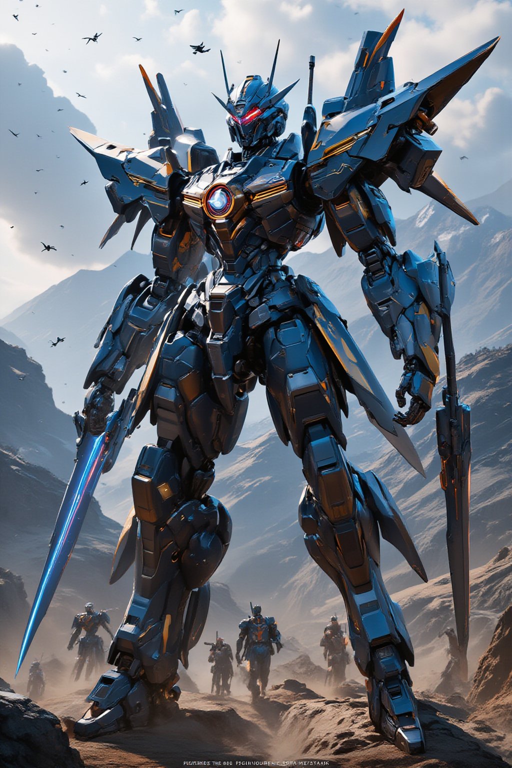 A futuristic cyberpunk warrior robot, massive in size bigger than buildings, with a towering presence that dwarfs human figures. At Battlefields around montains , with humans soldier scurrying about like ants in comparison. The robot's body colored dark blue painted white and shining gold around the body, with wings spread on it shoulder gundam wing style, mechanical limbs circle rotor nuclear reactor in the chest and glowing blue optics seem to pierce through the smog-filled air as it stands victorious amidst the montain battlefield, slim feet, hold giant saber on hand, no tail.,FuturEvoLabNinja,FuturEvoLabMecha,epic mecha