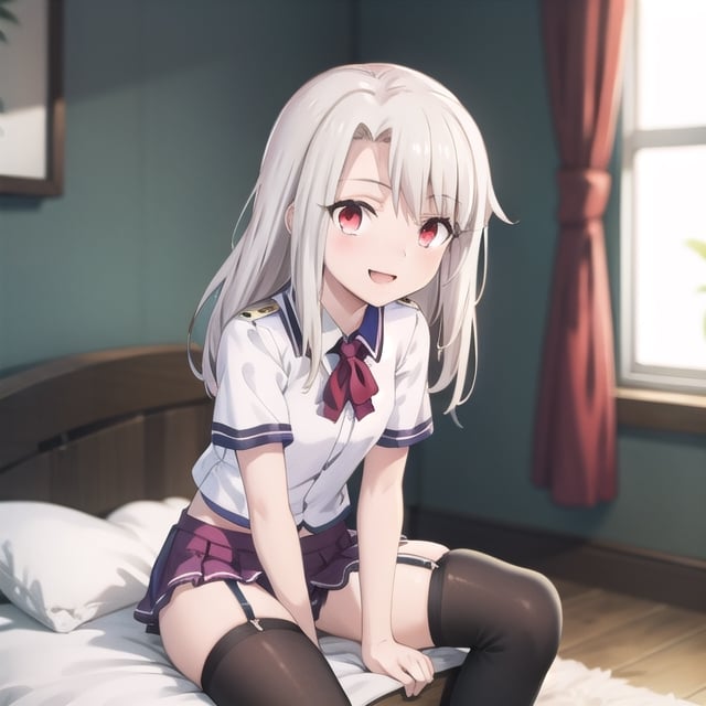 bedroom_background, high_resolution, best quality, extremely detailed, HD, 8K, detalied_face,
figure_sexy, illyasviel von einzbern ubw, 133 cm, 1 girl, small_breasts, long hair, happy face, cheerful eyes, red eyes, over knee stockings, sit_on, knickers