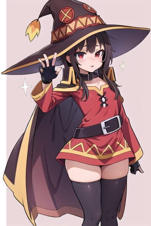 bedroom_background, high_resolution, best quality, extremely detailed, HD, 8K, 1_girl, solo, figure_sexy, , low_stature, Megu-KJ, Blora Megu hat, megu dress, megu cape, belt, collar, asymmetrical legwear, thighhighs, bandaged leg , gloves, (dynamic_pose:1.4), Megu hat