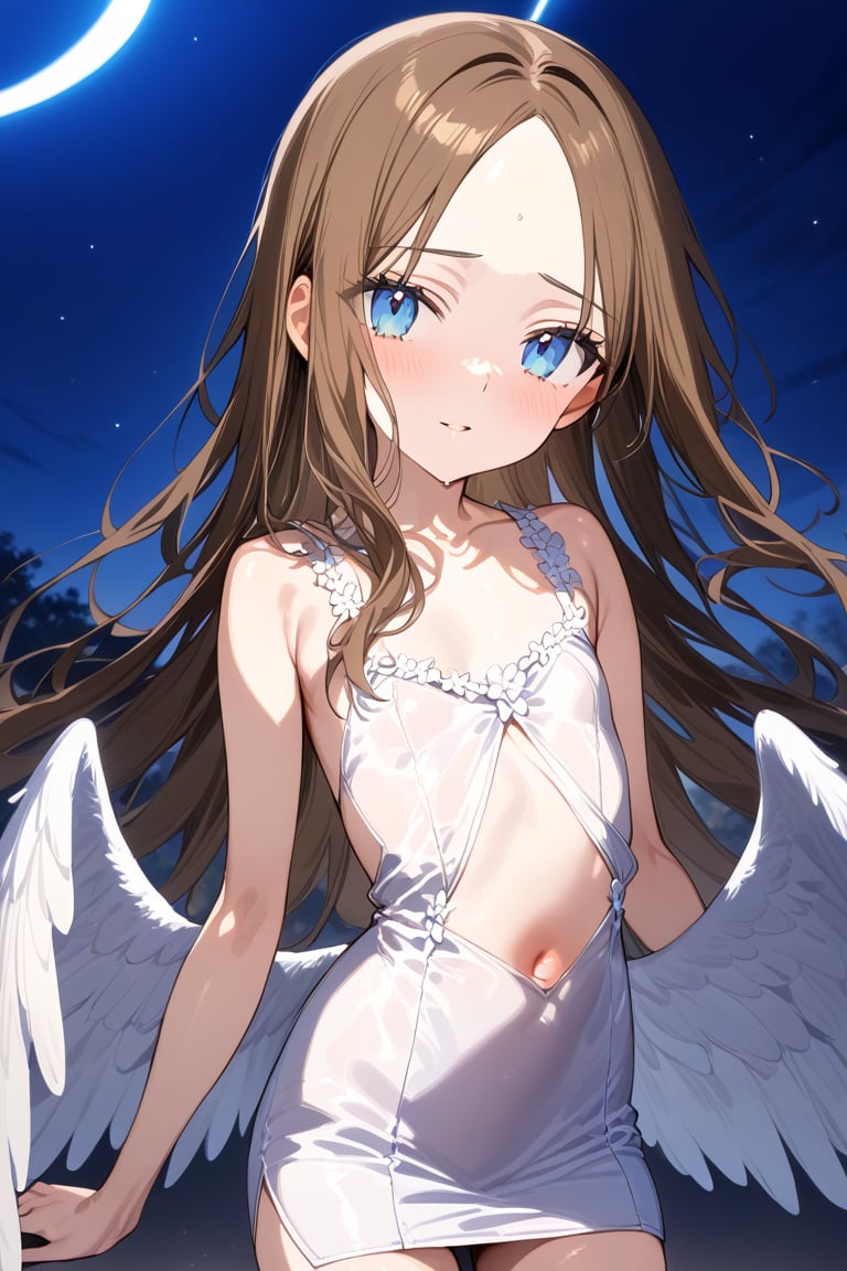 Heaven_background, high_resolution, best quality, extremely detailed, HD, 8K, masterpiece, best quality, very aesthetic, absurdres, (newest) explicit, 1 girl,  figure_sexy, hot, (night:1.0), blue eyes, long hair, brown hair, forehead, sidelocks , flat_chest, short_stature, white_dress, onepiece, bare_shoulder, skirt, angel_wings, chaplet,