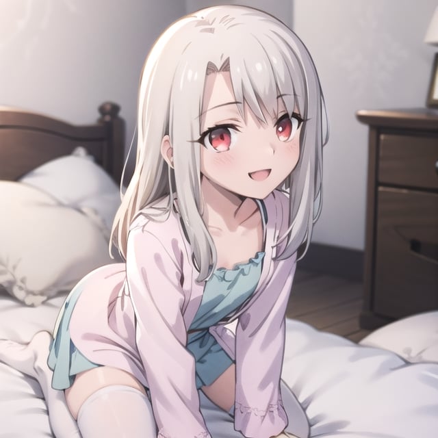 bedroom_background, high_resolution, best quality, extremely detailed, HD, 8K, detalied_face,
figure_sexy, illyasviel von einzbern ubw, 133 cm, 1 girl, small_breasts, long hair, happy face, cheerful eyes, red eyes, over knee stockings, sit_on, Dressing-gown