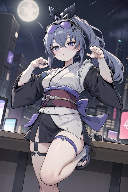 computer_background, high_resolution, best quality, extremely detailed, HD, 8K, 1_girl, figure_sexy,  SilverWolfV5, (white_kimono:1.2), Blora, apathetic, no_emotions,, (night:1.4), (dynamic_pose:1.4), 
