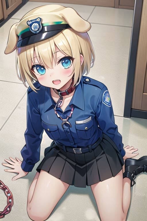 Bar_background, high_resolution, best quality, dark, extremely detailed, HD, 8K, small_breasts, blonde_hair, short_hair, dog_ears, dog_collar, (dog_leash:1.2), (police_outfit:1.4), sit_on_floor, skirt, cap, from_above, open_mouth