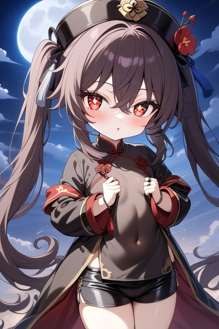 Heaven_background, high_resolution, best quality, extremely detailed, HD, 8K, masterpiece, best quality, very aesthetic, absurdres, (newest) explicit, clouds, mooN, 1 girl,  figure_sexy, hot, (night:1.0), SHuz, HUTAO, LONG HAIR, BANGS, BROWN HAIR, RED EYES, HAIR BETWEEN EYES, TWINTAILS, SIDELOCKS, SYMBOL-SHAPED PUPILS, LONG SLEEVES, HAT, JEWELRY, FLOWER, SHORTS, WIDE SLEEVES, COAT, CHINESE CLOTHES, BLACK SHORTS, RING, BLACK NAILS, HAT ORNAMENT, HAT FLOWER, black clothes, flat_chest, ((short_stature)),