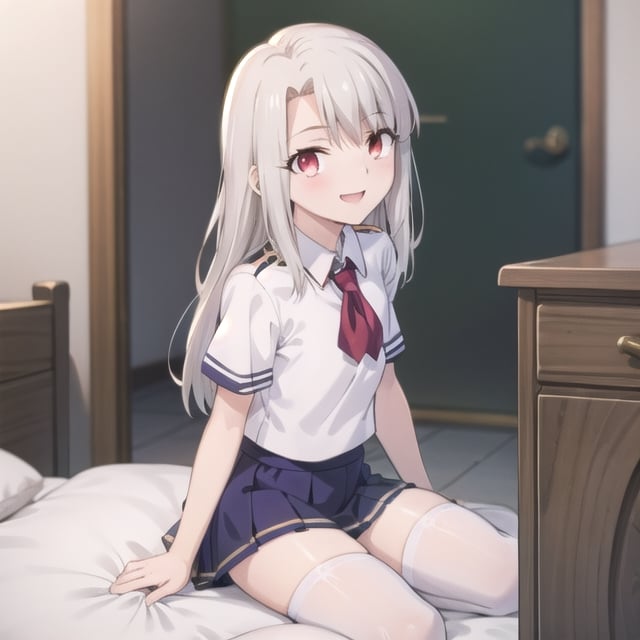 bedroom_background, high_resolution, best quality, extremely detailed, HD, 8K, detalied_face,
figure_sexy, illyasviel von einzbern ubw, 133 cm, 1 girl, small_breasts, long hair, happy face, cheerful eyes, red eyes, over knee stockings, sit_on, (school_uniform_outfit), (skirt),