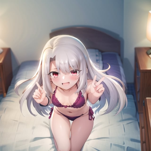 bedroom_background, high_resolution, best quality, extremely detailed, HD, 8K, detalied_face,
figure_sexy, illyasviel von einzbern ubw, 133 cm, 1 girl, long hair, happy face, cheerful eyes, red eyes, from above, bikini, thigh_gap