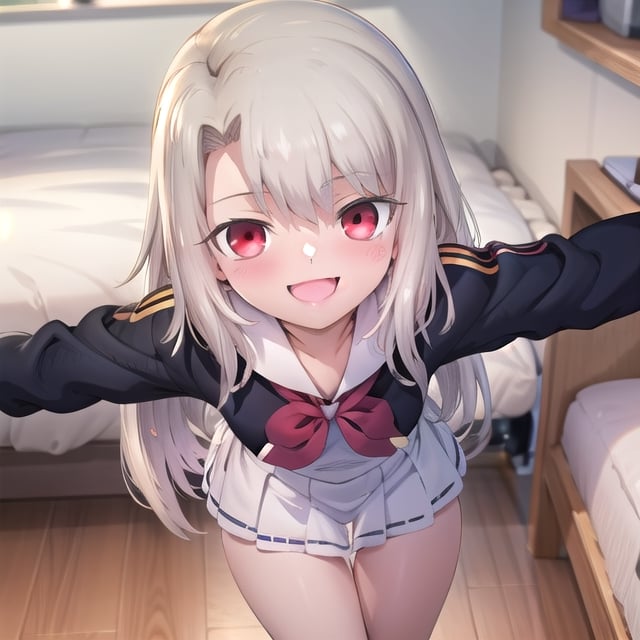 bedroom_background, high_resolution, best quality, extremely detailed, HD, 8K, detalied_face,
figure_sexy, illyasviel von einzbern ubw, 133 cm, 1 girl, long hair, happy face, cheerful eyes, red eyes, from above, sailor_uniform, thigh_gap