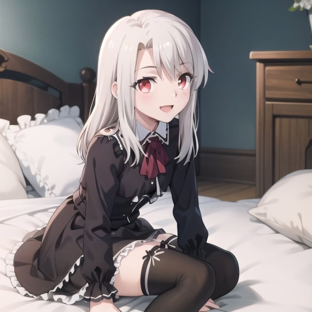 bedroom_background, high_resolution, best quality, extremely detailed, HD, 8K, detalied_face,
figure_sexy, illyasviel von einzbern ubw, 133 cm, 1 girl, small_breasts, long hair, happy face, cheerful eyes, red eyes, over knee stockings, sit_on, (gothic_lolita_outfit),