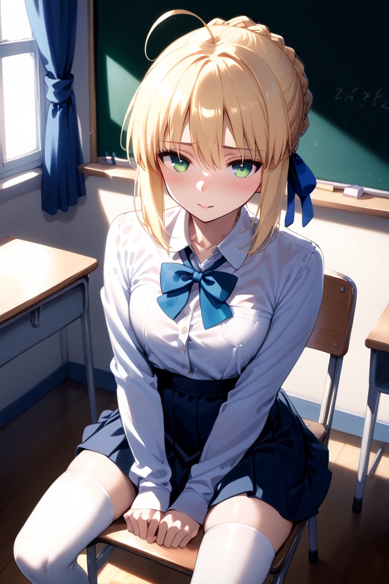 Classroom_background, high_resolution, best quality, extremely detailed, HD, 8K, masterpiece, best quality, very aesthetic, absurdres, (newest), 1 girl,  figure_sexy, hot, score_9, score_8_up, score_7_up, (night:1.0), SHuz, blonde hair, green eyes, sidelocks, braid, hair bun, ahoge, hair ribbon, (embarrased:1.0), ( dress), (school outfit), white thighhighs, chair, desk, Sit on chair,, , ArtoriaPendragon, (from above:1.2), (1 male teacher:1.4)