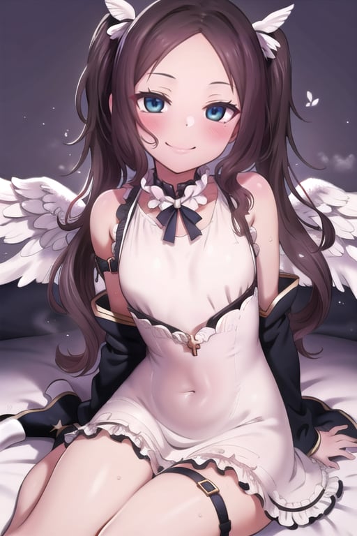 heaven_background, high_resolution, best quality, extremely detailed, HD, 8K, detalied_face,
figure_sexy, 1 girl,, , 1girl, davinci, (twin_tails:1.6) (angel_dress:1.6), (skin-tight_dress:1.4), (angel_wings1.6), (thigh_strap:1.2), golden collar, smile, happiness, clouds, detached_sleeves, belly_button, sit_on_cloud, from_side, from_above
