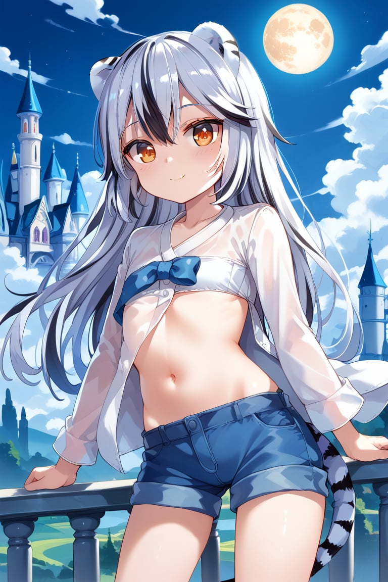 Castle_background, high_resolution, best quality, extremely detailed, HD, 8K, masterpiece, best quality, very aesthetic, absurdres, (newest) , clouds, mooN, 1 girl,  figure_sexy, hot, score_9, score_8_up, score_7_up, (night:1.0), SHuz, rangi, (flat chest:1.4), (short stature:1.4), tiger ears, tiger tail, multicolored hair, white hair, black hair, long hair