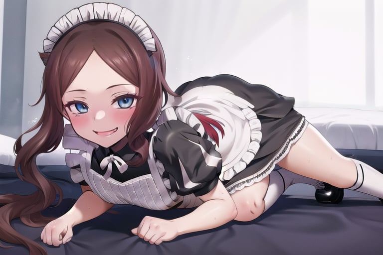 bedroom_background, high_resolution, best quality, extremely detailed, HD, 8K, detalied_face,
figure_sexy, 1 girl,, , 1girl, davinci, (from_above:1.4), (maid:1.6), sidetail, on_knees, happy, smile,  (from_side:1.6), on_all_fours,
