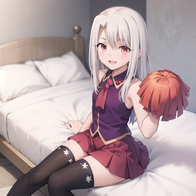 bedroom_background, high_resolution, best quality, extremely detailed, HD, 8K, detalied_face,
figure_sexy, illyasviel von einzbern ubw, 133 cm, 1 girl, small_breasts, long hair, happy face, cheerful eyes, red eyes, over knee stockings, sit_on, cheerleading