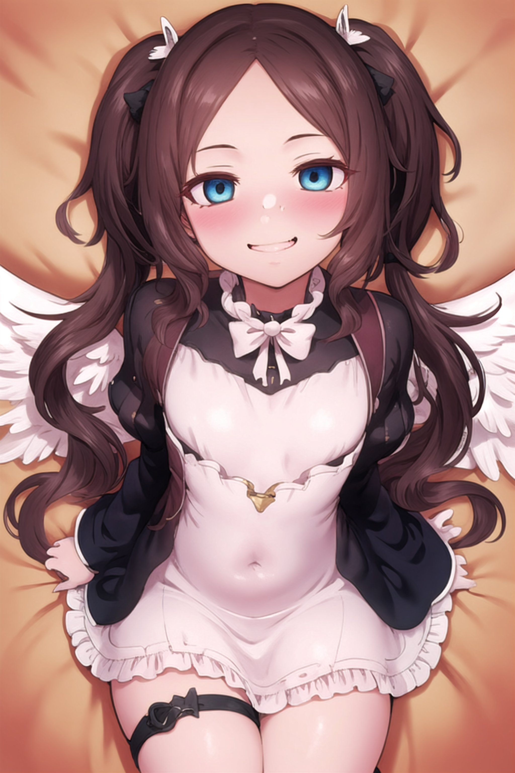 heaven_background, high_resolution, best quality, extremely detailed, HD, 8K, detalied_face,
figure_sexy, 1 girl,, , 1girl, davinci, (twin_tails:1.6) (angel_dress:1.6), (from_above:1.8), (angel_wings1.6), (thigh_strap:1.2), golden collar, smile, happiness, clouds, detached_sleeves, belly_button, 