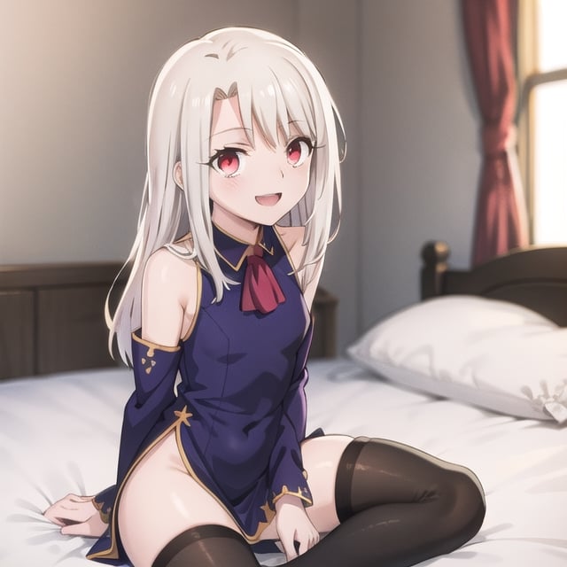 bedroom_background, high_resolution, best quality, extremely detailed, HD, 8K, detalied_face,
figure_sexy, illyasviel von einzbern ubw, 133 cm, 1 girl, small_breasts, long hair, happy face, cheerful eyes, red eyes, over knee stockings, sit_on, (one_piece/dress_outfit), 