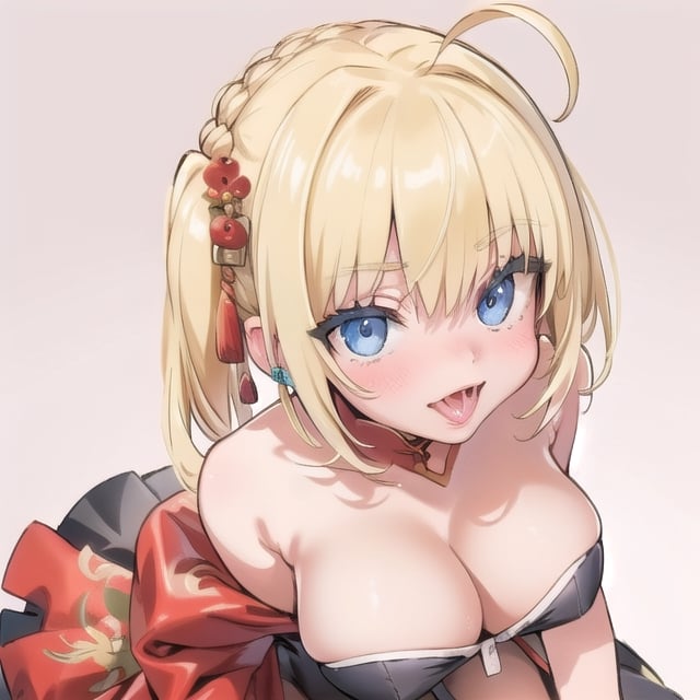 china_background, high_resolution, best quality, extremely detailed, HD, 8K, detalied_face,
figure_sexy, 150 cm, 1 girl, big breasts, ahegao, (blonde_hair:1.3), blue eyes, Nero, , long_dress/china_dress, bare_shoulders, thighs, 1_boy, boy_pov, from above