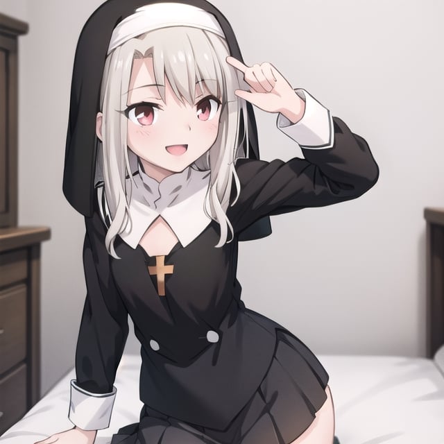 bedroom_background, high_resolution, best quality, extremely detailed, HD, 8K, detalied_face,
figure_sexy, illyasviel von einzbern ubw, 133 cm, 1 girl, small_breasts, long hair, happy face, cheerful (nun_outfit), (skirt),