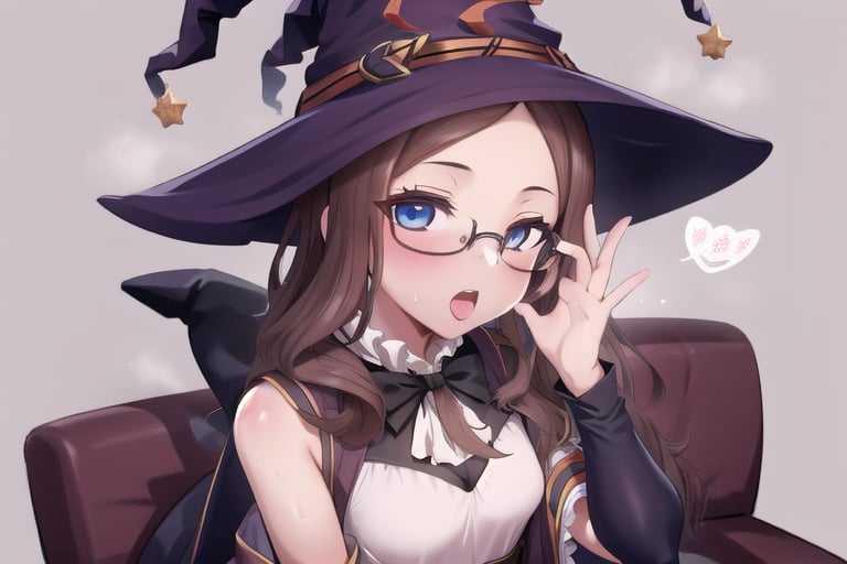 Halloween_background, high_resolution, best quality, extremely detailed, HD, 8K, detalied_face,
figure_sexy, 1girl, davinci, (witch_hat:1.2), glasses, (witch_outfit:1.6),  upper_body, sofa, felges